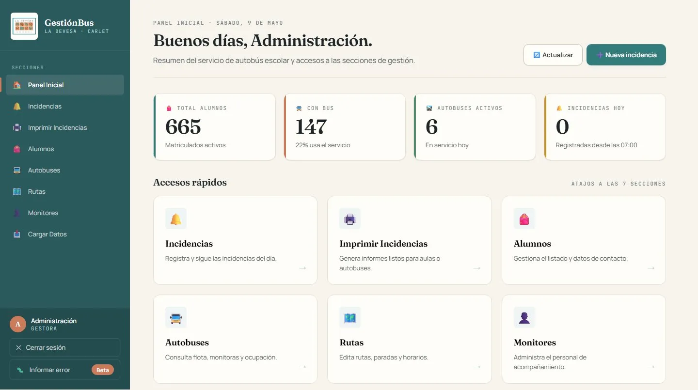 Panel de GestiónBus La Devesa con saludo a Administración y métricas del servicio escolar
